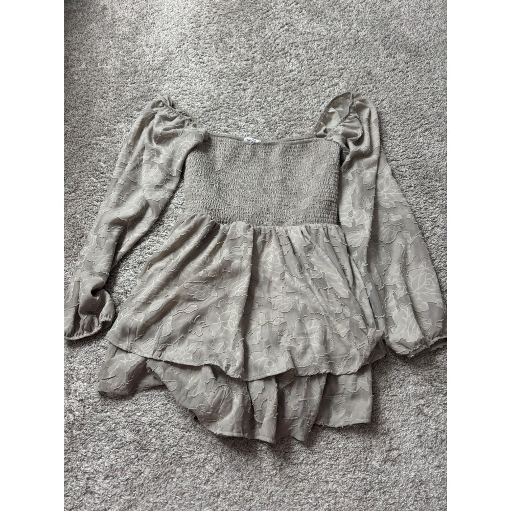 Rue21 Taupe Floral Burnout Romper Smocked Long Sleeve Ruffle Hem Size L